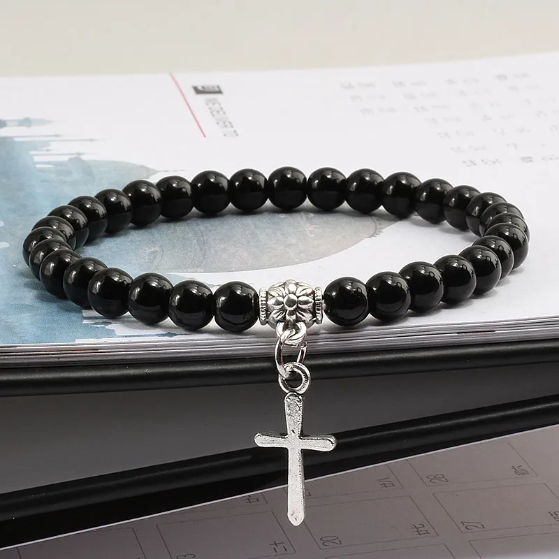 6mm Boho Natürliche Blaue Perlen Armband Männer Kreuz Anhänger Schwarz Vulkanstein Strang Armbänder für Frauen Charme Mode Schmuck Image