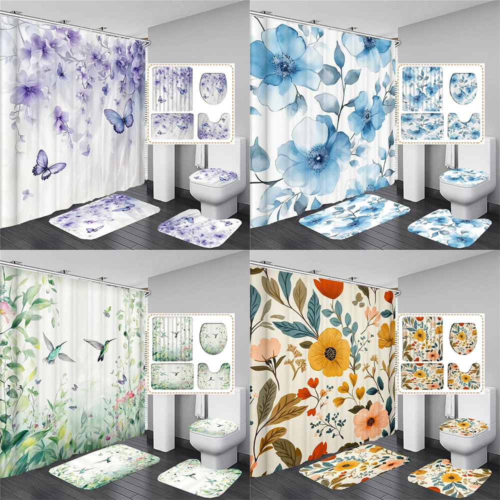 Rideaux de douche imprimés en 3D style plantes et oiseaux, ensemble de rideaux de salle de bain, tapis de bain antidérapant, décoration de salle de bain