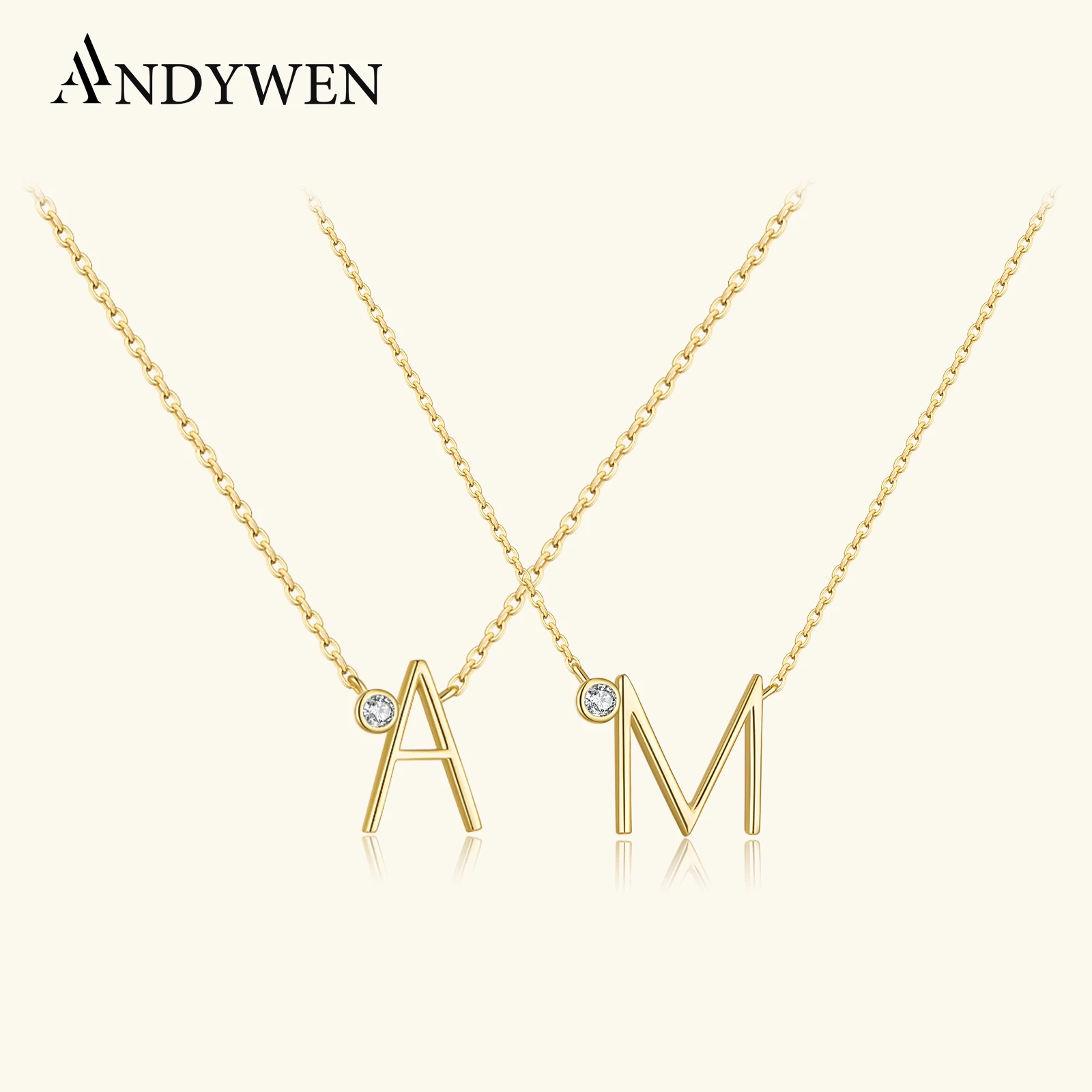 ANDYWEN Halskette aus 925er-Sterlingsilber, Gold, Buchstabe A, M, Mini-Größe, Initiale, A, B, C, Stein, Monogramm, Anhänger, Schmuck, Luxus-Geschenk für Damen Image