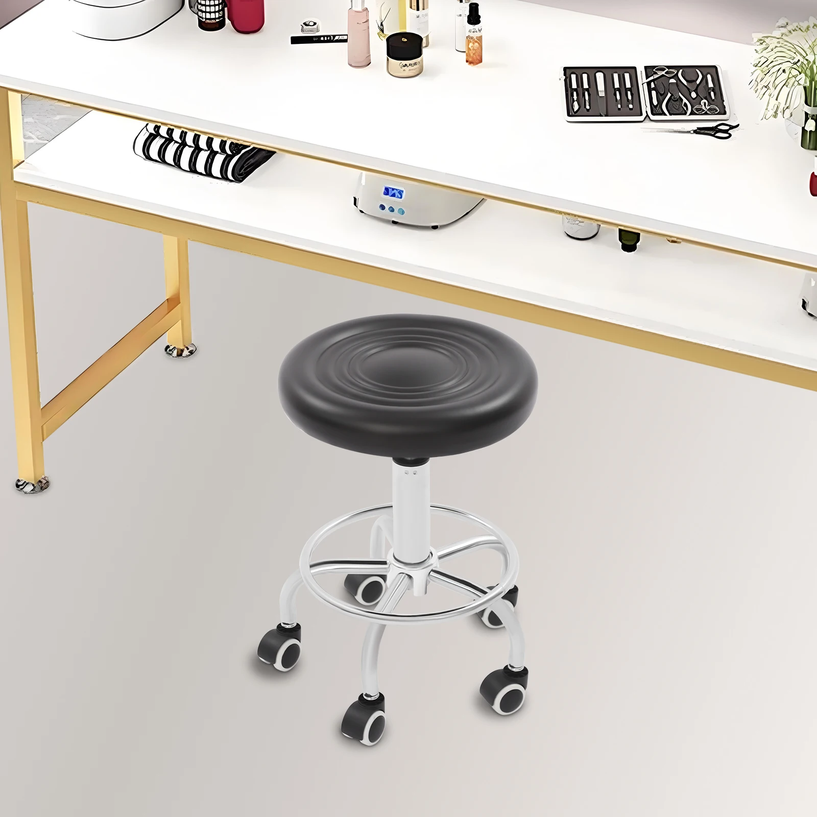 Barhocker Kosmetikerin Nagelstudio 360° ° Drehstuhl, schwarzes PU-Leder, drehbarer, höhenverstellbarer Friseur-Schneidehocker