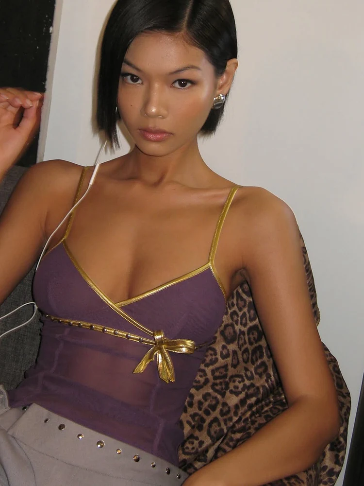 Weird Puss Patchwork Mesh Camisole Frauen Sexy Schleife Goldrand Low-Neck Sommer Trend Street Midnight Club Y2K Wild Basic Tank Top