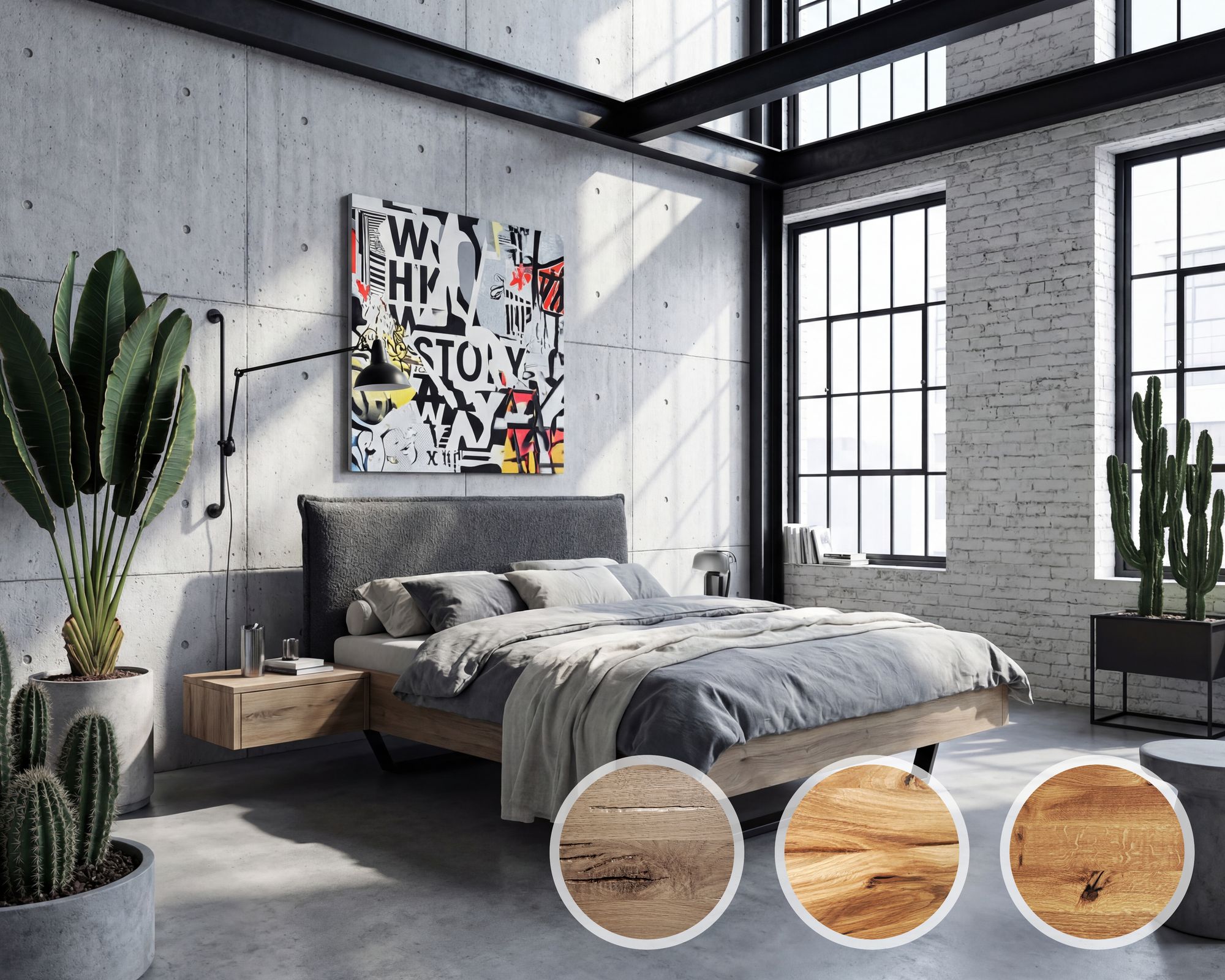 BlackWood »Nova Vita Contour IV« Wildeiche Massivholzbett 180x220 cm / Wildeiche rustic / Boucle Anthrazit Image