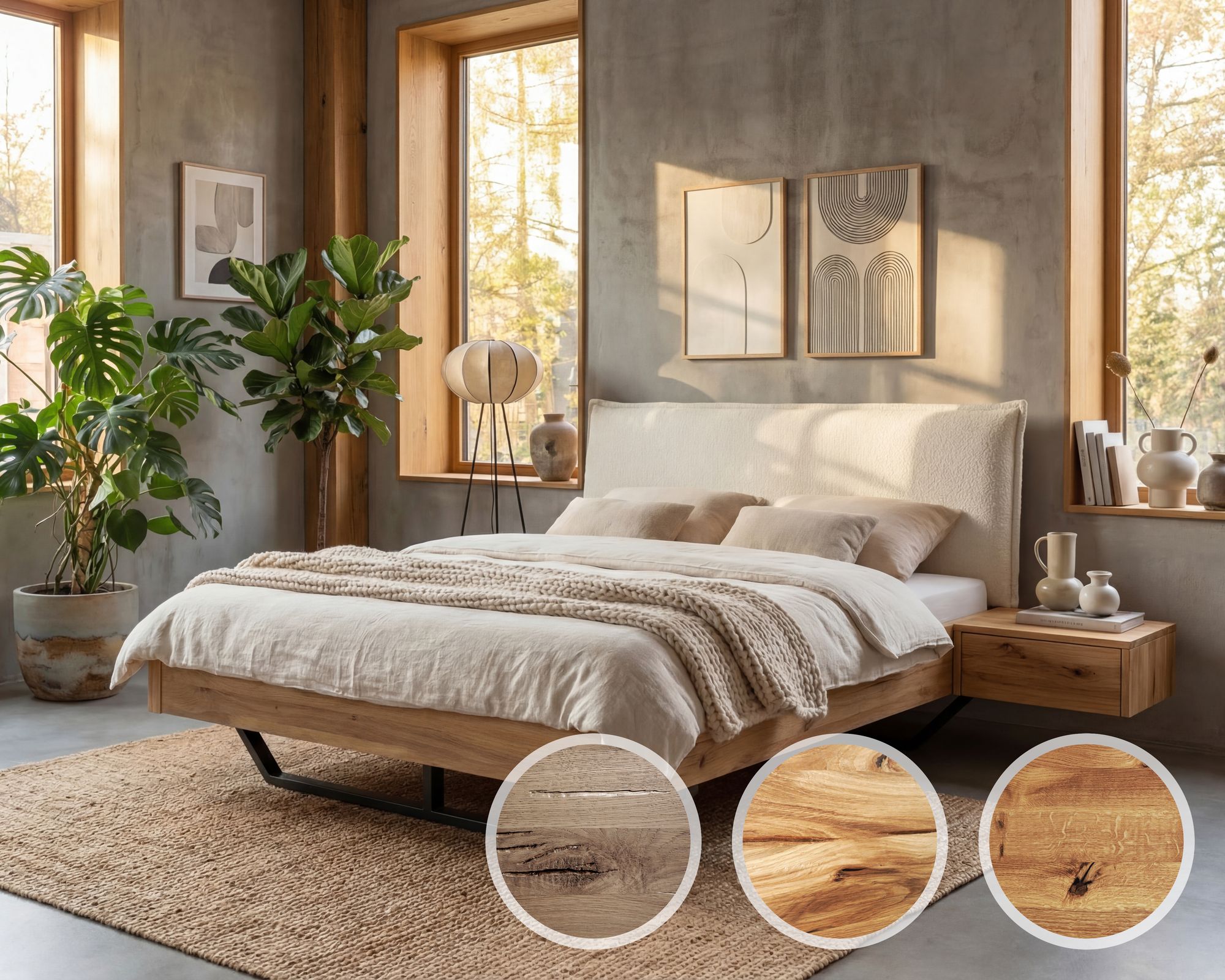 BlackWood »Nova Vita Contour II« Wildeiche Massivholzbett 200x200 cm / Wildeiche stone / Boucle Anthrazit Image