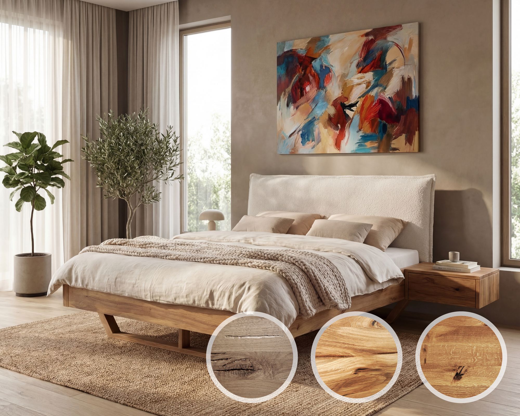 BlackWood »Nova Vita Contour I« Wildeiche Massivholzbett 160x220 cm / Wildeiche stone / Boucle Off-White Image