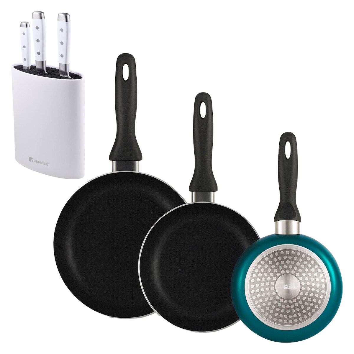 BERGNER - Set aus 3 Pfannen Ø16/20/24cm aus gepresstem Aluminium in metallic-blau mit 3-teiliges Edelstahlmesser-Set mit Messerblock Image