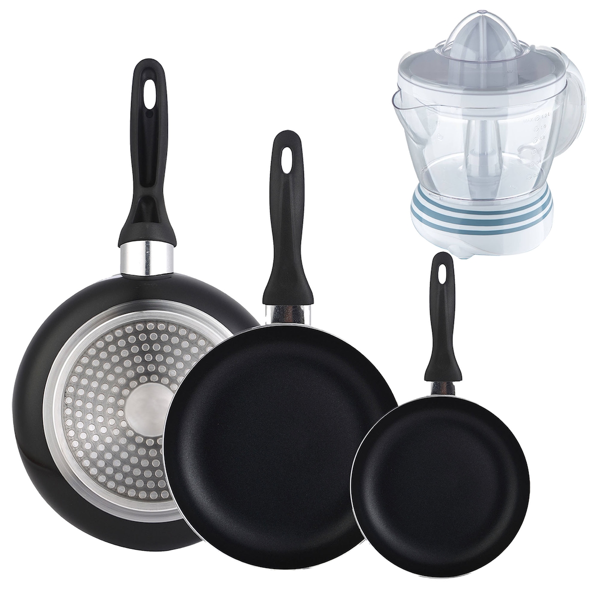 BERGNER - Set aus 3 Pfannen Ø16/20/24cm aus gepresstem Aluminium in schwarz mit Entsafter NATURALLY 40 W, 1,2 L Image