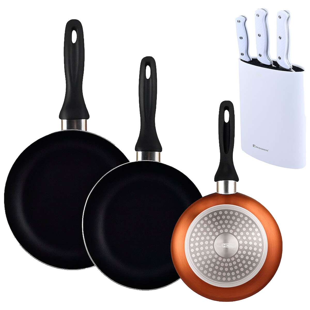 BERGNER - Set aus 3 Pfannen Ø16/20/24cm aus gepresstem Aluminium in metallic-bronze mit 3-teiliges Messer-Set mit Messerblock aus Edelstahl Image