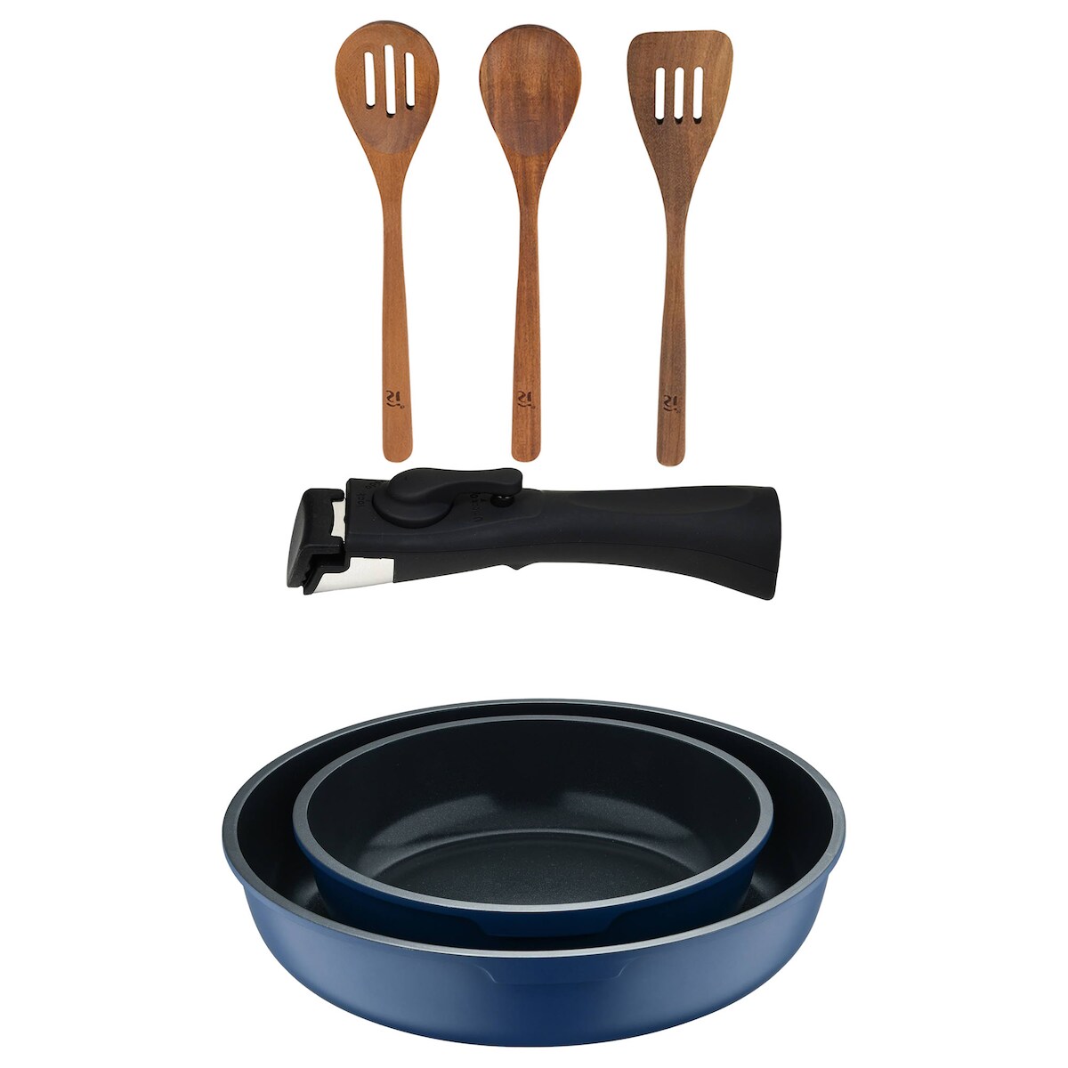 BERGNER - Set mit 2 Bratpfannen Ø22/26cm aus Aluminiumguss, blau, mit abnehmbarem Griff mit Set 3 Küchenutensilien aus Akazienholz Image
