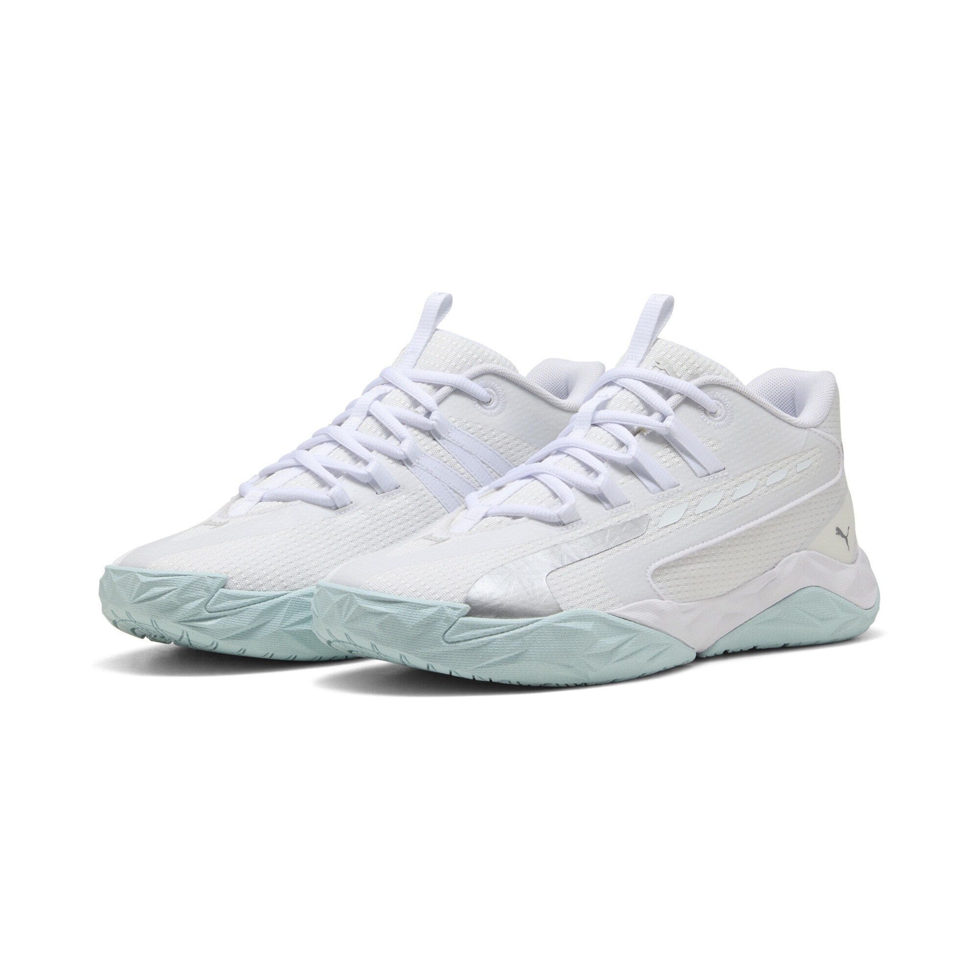 Basketballschuh PUMA "Dagger 2 Mid Basketballschuhe Erwachsene", Gr. 41, weiß silber feather gray metallic, Obermaterial: Synthetik, Textil; Futter: Textil; Innensohle: Textil; Laufsohle: Gummi, Synthetik, Schuhe
