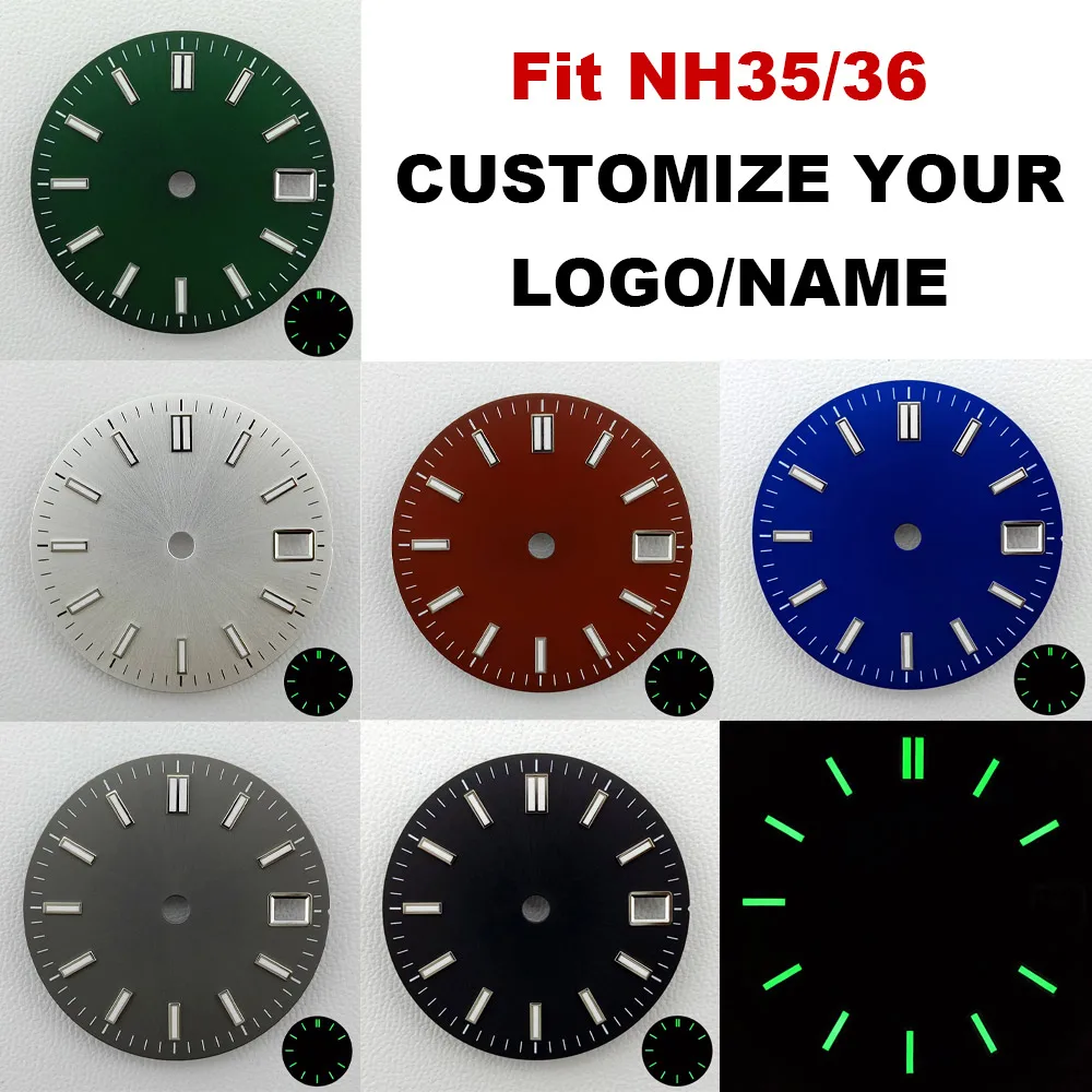 28,5-mm-Zifferblatt, passend für NH35/36-Uhrwerk, schwarz, silber, blau, grün, grau, rotes Zifferblatt, individuelles Logo/kein Logo, grün leuchtendes Uhrenzubehör