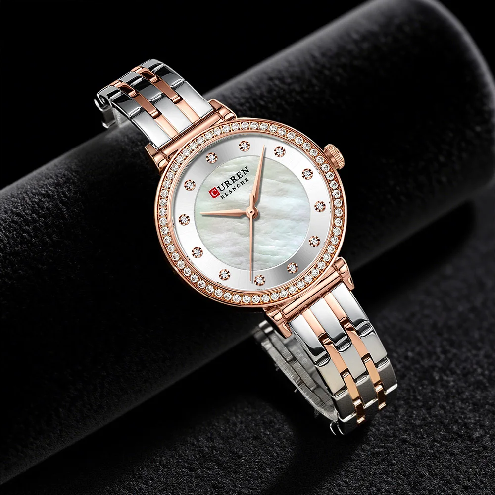 CURREN Luxuriöse, schlanke Damenuhr, zweifarbiges Edelstahlband, Perlmutt-Zifferblatt mit Strasssteinen, elegante Quarz-Armbanduhr Image