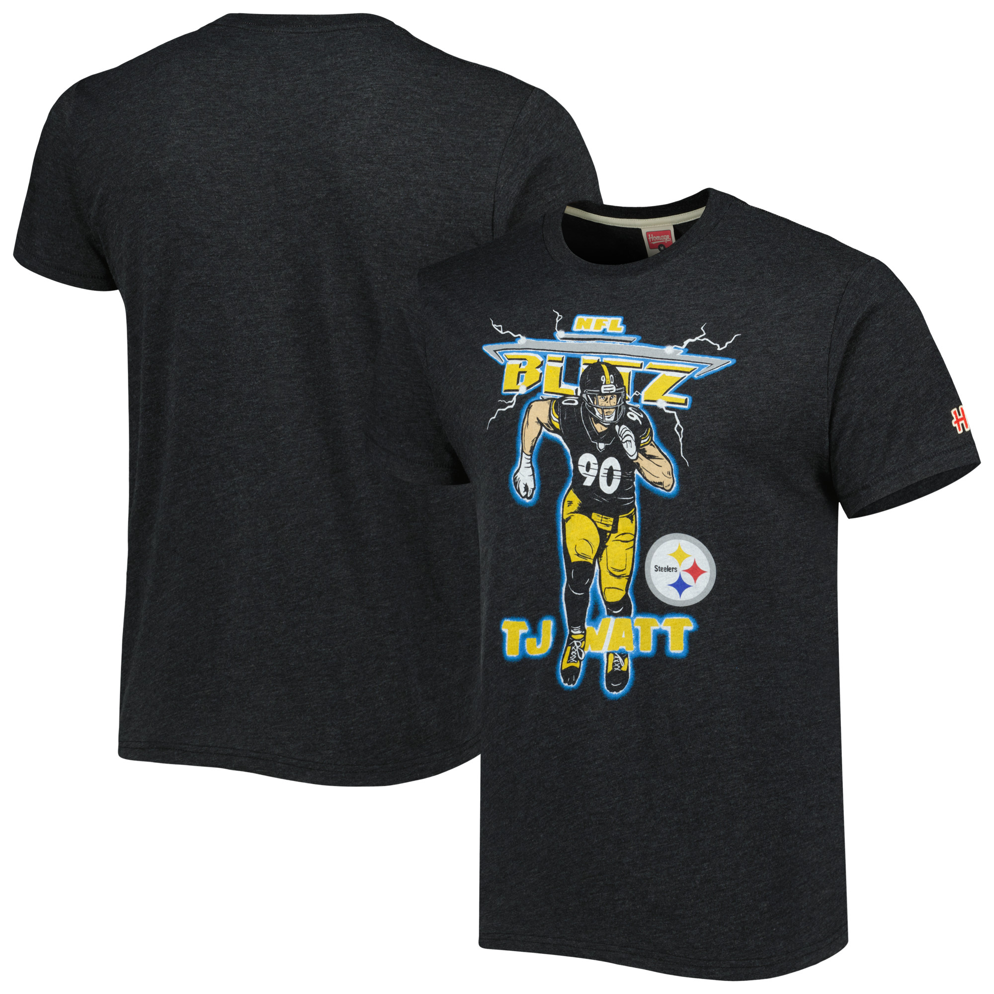 Unisex Hommage T.J. Watt Heathered Heather Charcoal Pittsburgh Steelers NFL Blitz Player Tri-Blend T-Shirt Image