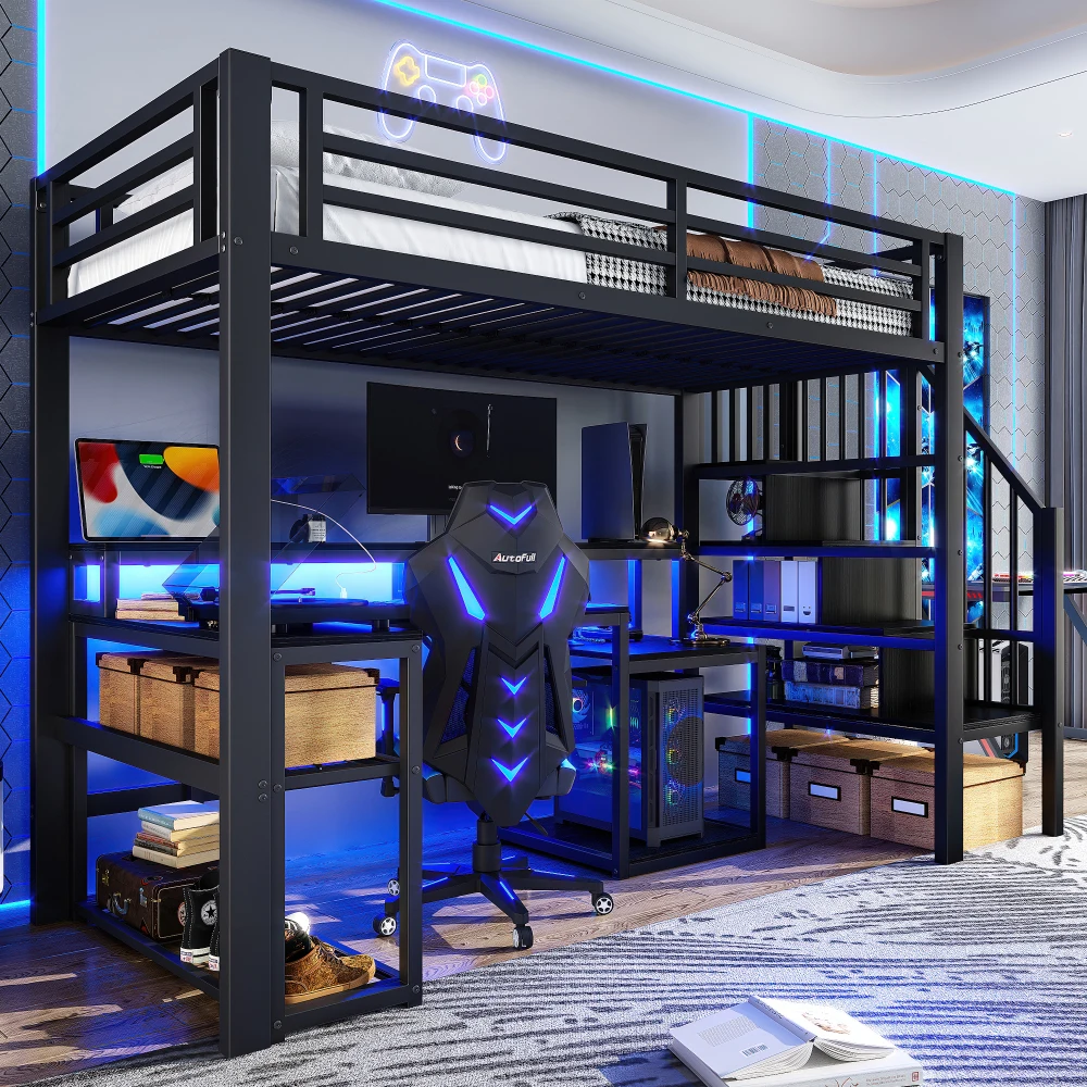 90/140 x 200 cm Bett mit Eisenrahmen, Treppe mit Stauraum, Sicherheitsgeländer, mit LED-Lichtleiste, Schreibtisch, mit USB-Anschluss, ohne Matratze Image