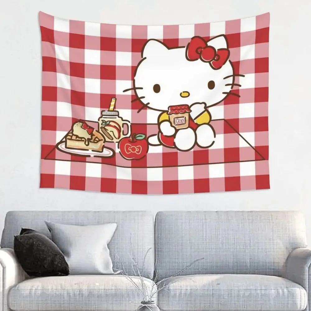 Hello Kitty Sanrio Niedlicher Wandteppich mit rotem Karomuster, geeignet für Schlafzimmerdekoration, Universitätsschlafsaal-Dekoration, Heim-Dekoration