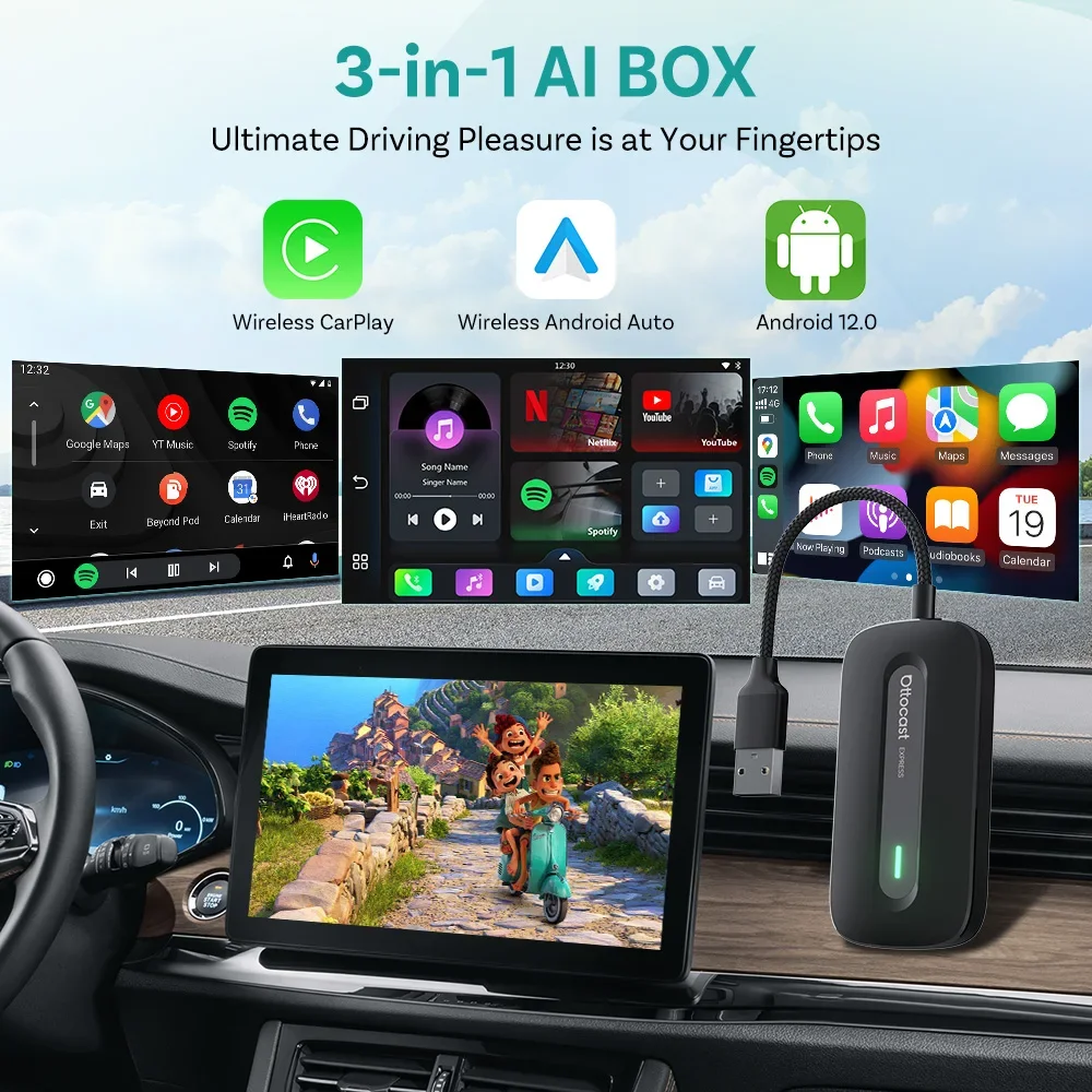 Ottocast Play2Video Pro Ai Box Wireless CarPlay Android Auto Adapter Eingebautes Youtube Netflix IPTV für Auto mit kabelgebundenem Carplay Image