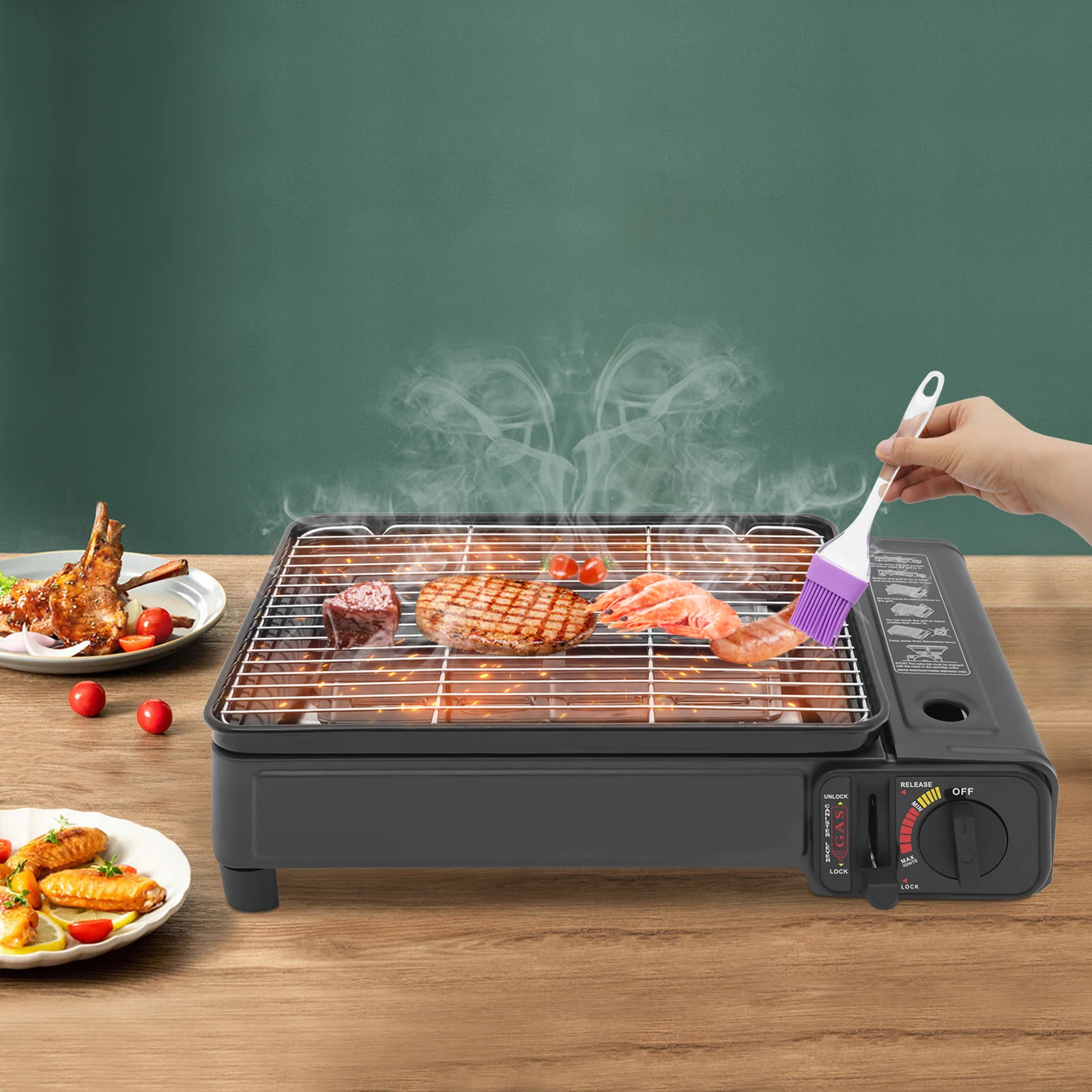 Gasgrill, Butan-LPG-Kocher, 2,2 kW Leistung, Camping-Gasherd, Tischplatte mit Grillnetzen, zweireihige Feuerkraftrohre Image