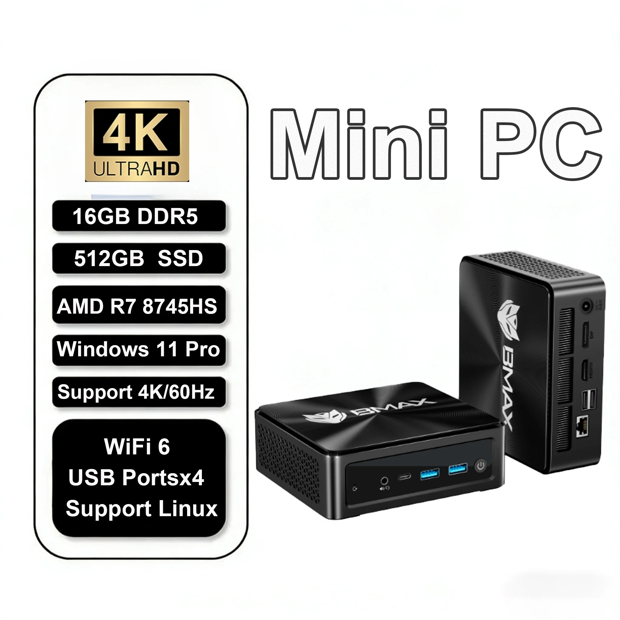 BMAX B8 A Pro AMD Ryzen 7 8745HS Prozessor AMD Radeon 780M 16 GB 512 GB SSD Windows 11 WiFi Bluetooth USB HDMI Typ-C Image