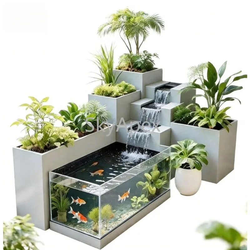 Balkon Kreative Fließende Wasser Aquarium Blume Box Metall Acryl Glück Terrasse Zirkulierende Fisch Pool Hof Kombination Image