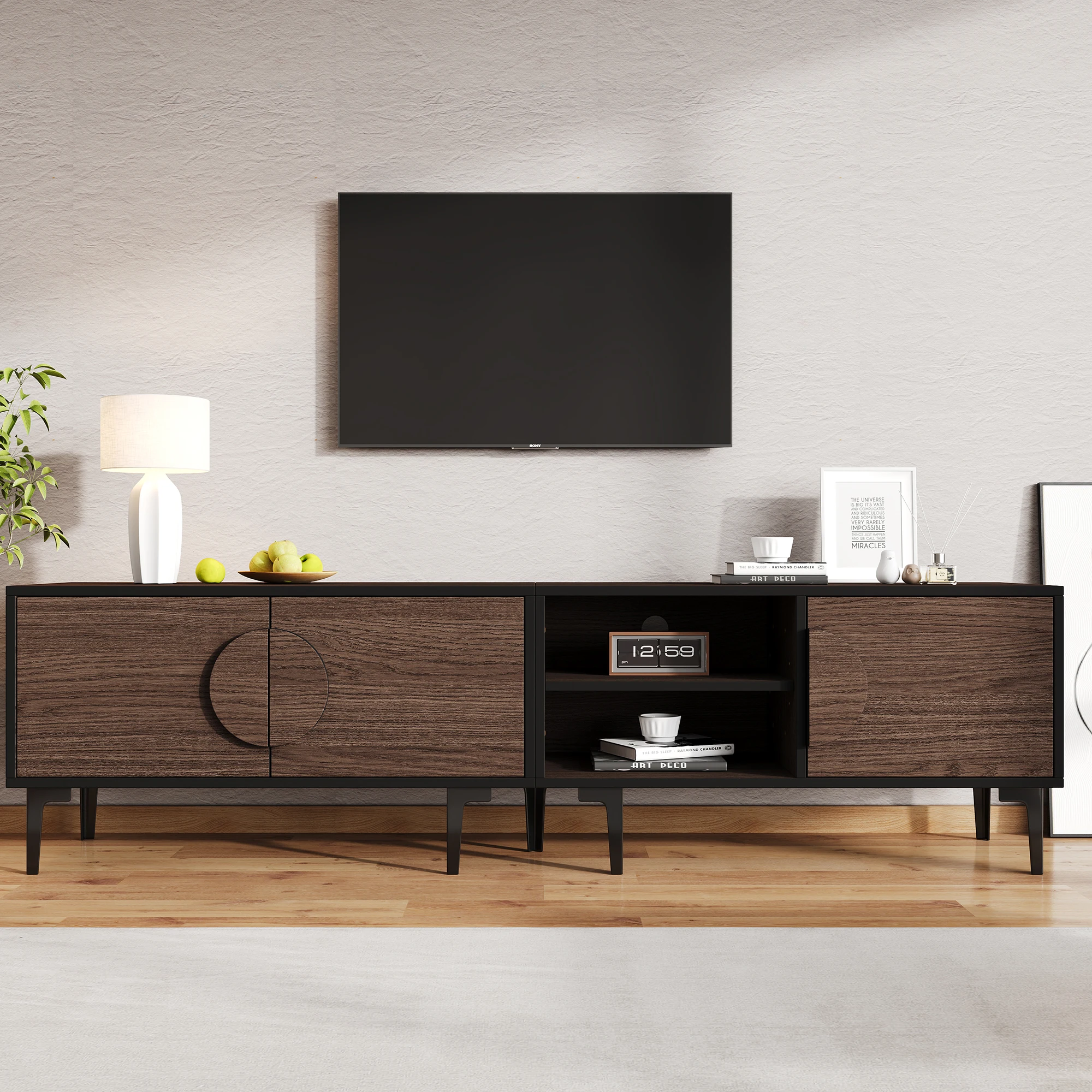 180 x 35 x 49 cm großer Lowboard-TV-Schrank, TV-Ständer für das Wohnzimmer, TV-Schrank mit 2 Schränken, TV-Tafel mit offenen Regalen