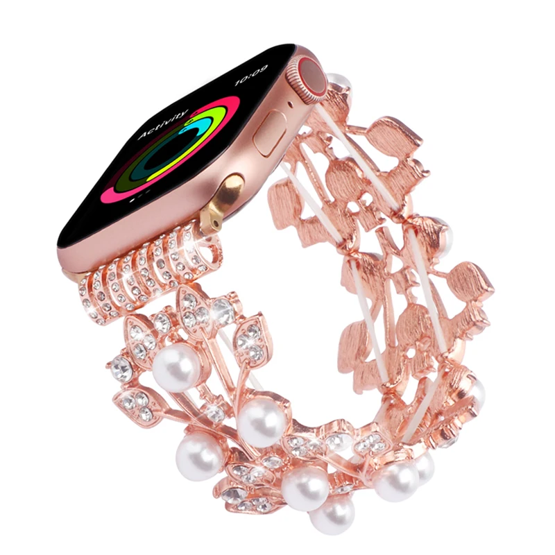 Armband für Apple Watch iWatch Band 38/40/41/42/44/45/49 mm Bling Pearl Beaded Armband SE 8 7654321 Luxuriöses elastisches Damenarmband Image