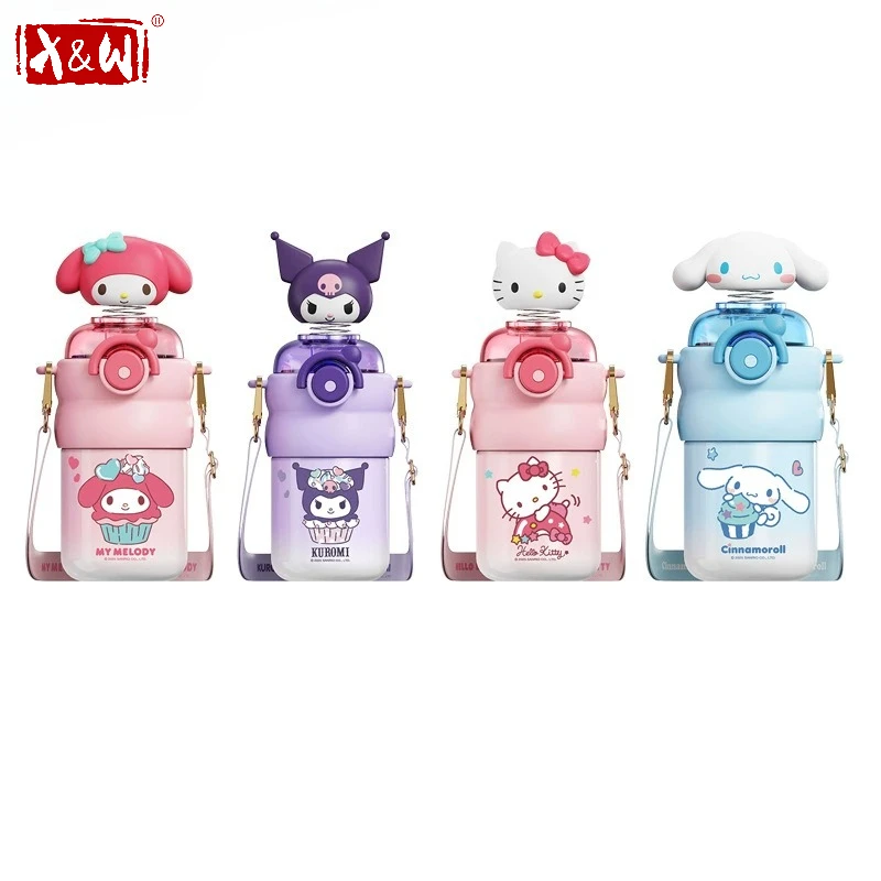 X&W Sanrio Edelstahl-Thermosbecher für Kinder, Hello Kitty Kuromi, Kopfschütteln, Puppe, Strohbecher, tragbare Schulreise-Wasserflasche