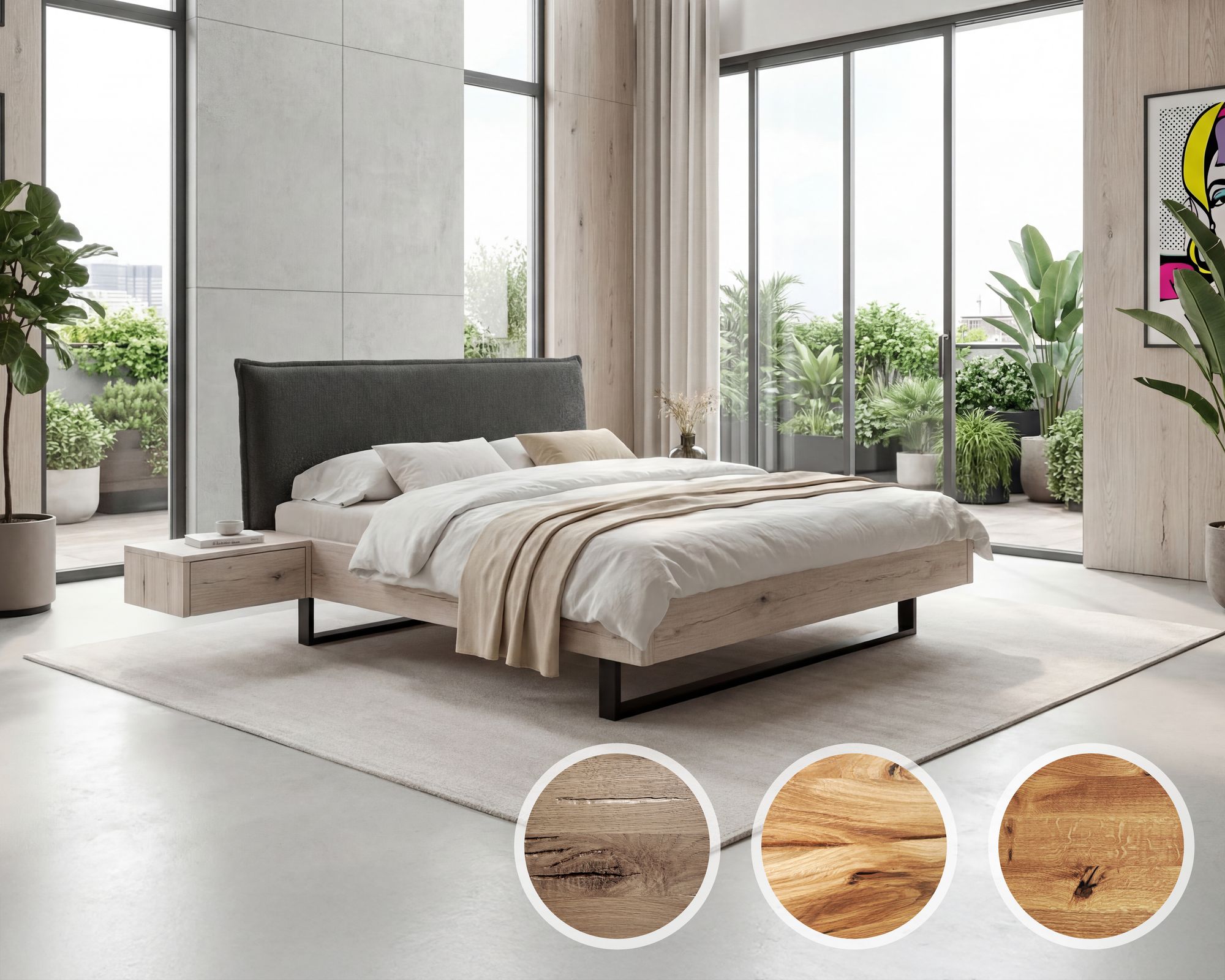 BlackWood »Nova Vita Contour III« Wildeiche Massivholzbett 180x200 cm / Wildeiche stone / Boucle Off-White Image