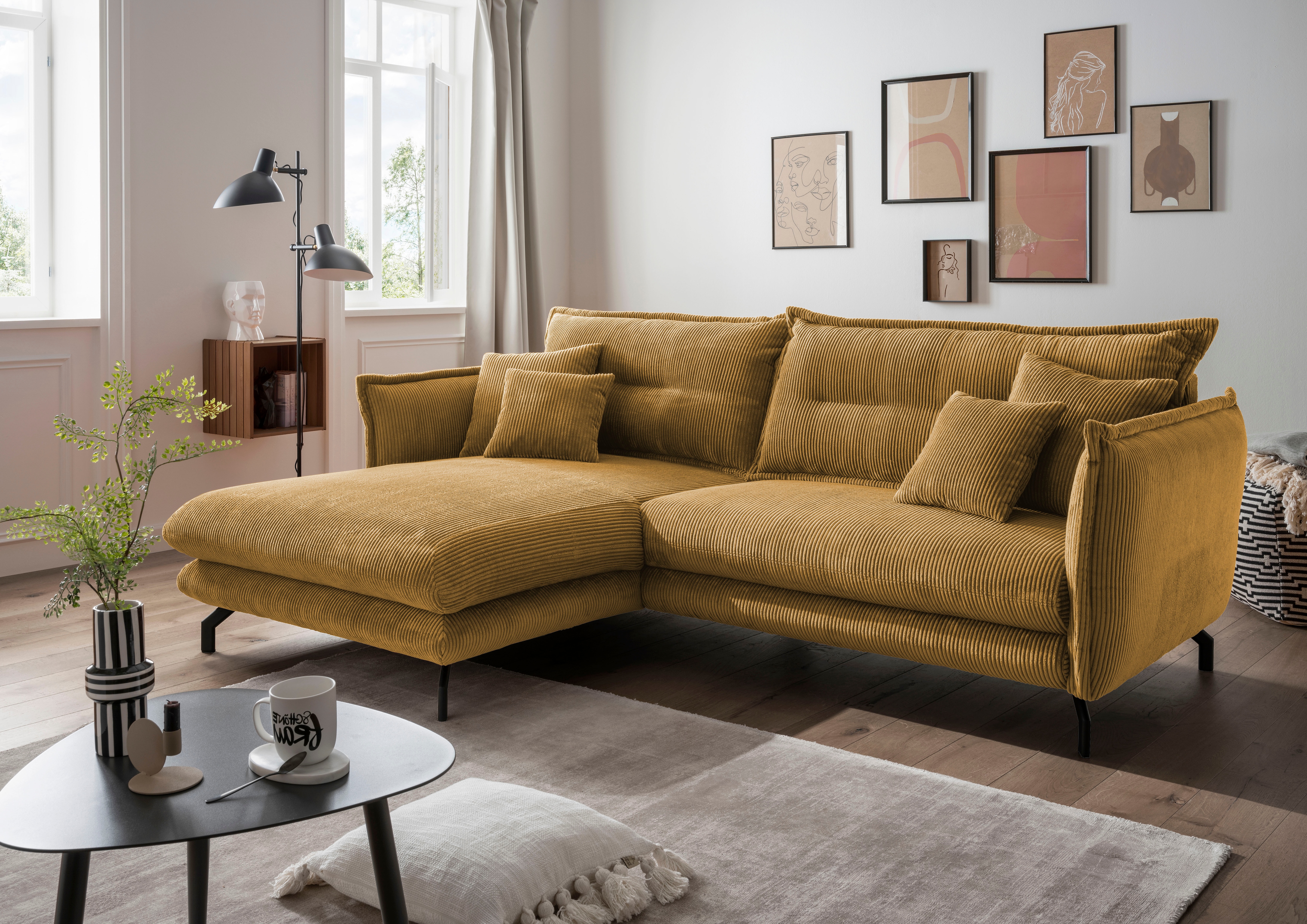 Ecksofa HOME AFFAIRE "LAVA Breite 255 cm, modern und elegant, aktuelle Kissenoptik, L-Form", gold, B:255cm H:94cm T:180cm, Sofas, Ecksofa, Armlehnen verstellbar