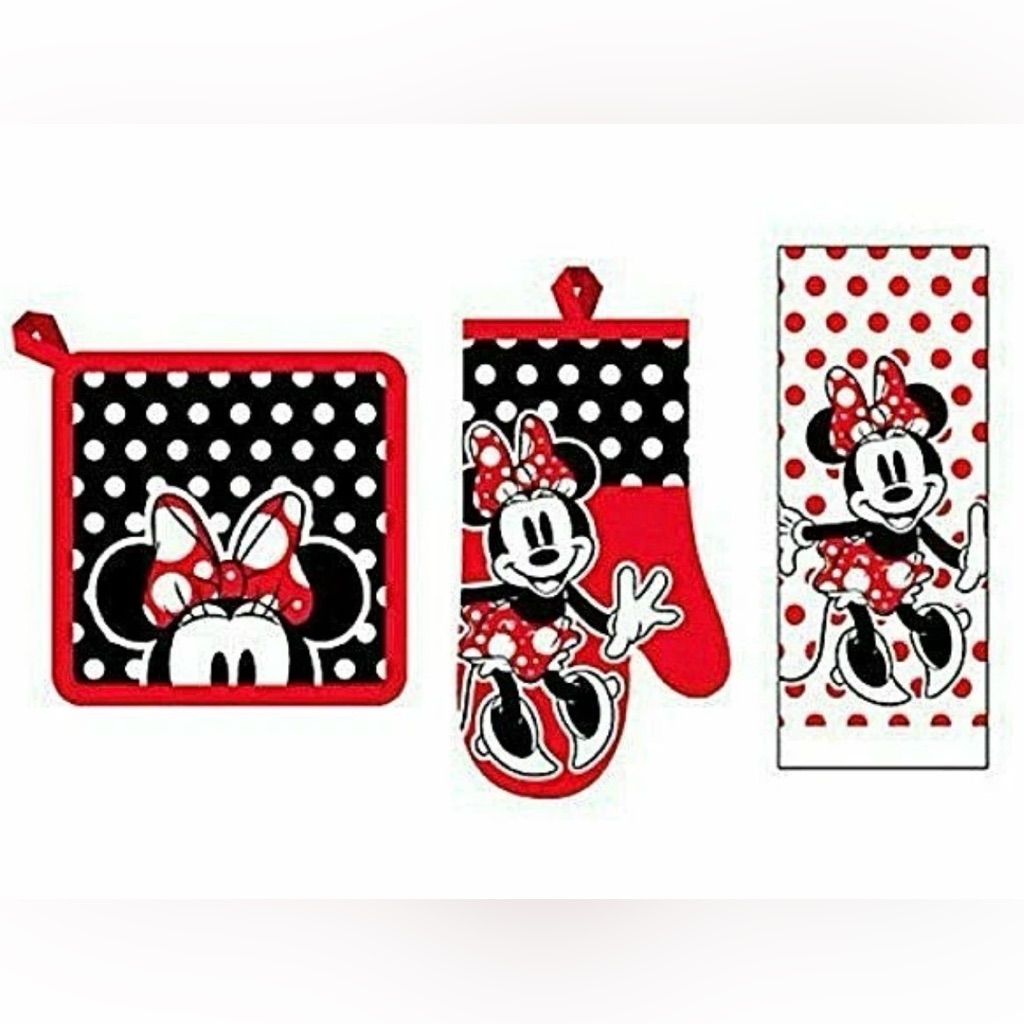 Disney Kitchen | Bnwt Disney Minne Mouse Surprise 3 Pc Kitchen Set Towel, Pot Holder & Oven Mitt | Color: Black/Red | Size: Os