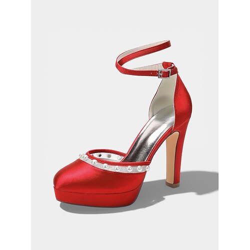 Elegante elfenbeinfarbene Damen-Plateau-Pumps mit Perlenbesatz, elegante Brautschuhe mit Knöchelriemen für die kirchliche Trauung Image