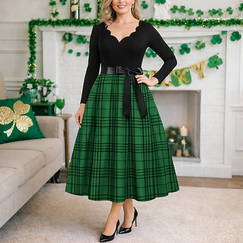 St. Patrick 2026 1950er Retro Vintage Knielang Kleid A-Linie Kleid Teekleid langarm Kostüm Damen St. Patrick's Day Party Festival Teenager Erwachsene Kleid Abschlussballkleider Sommer Frühling Image