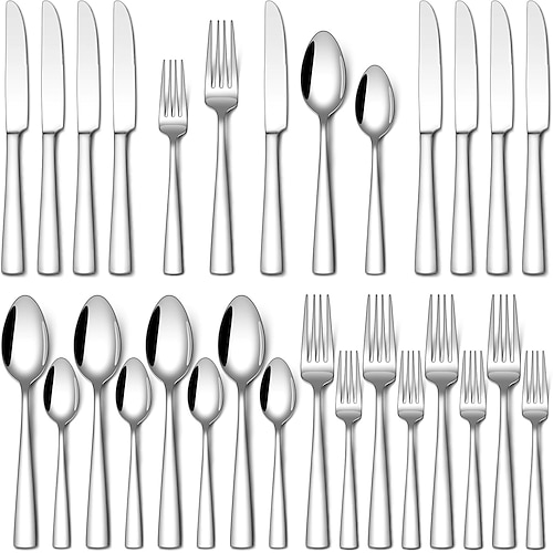 20- oder 30-teiliges Besteckset aus lebensmittelechtem Edelstahl für 4 Personen, hochglanzpoliert, inklusive Tafelmesser, Löffel und Gabeln, spülmaschinenfest für Zuhause und Restaurant. Image