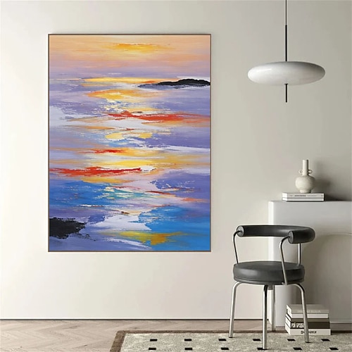 Großes, handgemaltes, abstraktes, farbenfrohes Ölgemälde mit Sonnenuntergangsmotiv auf Leinwand – individuelle Wanddekoration für Wohnzimmer und Zuhause. Image