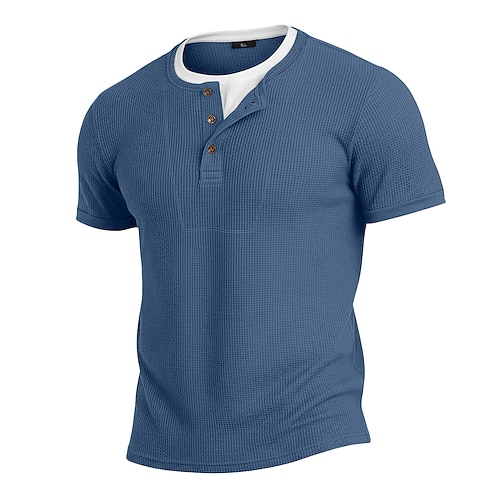 Herren Waffel-Henley-Hemd T-Shirt T-Shirt aus Baumwollmischung Kurzarm Rundhalsausschnitt Henley Sommer Frühling Ganzjahres Farbblock Einfach Texture Mode Designer Lässig Farbblock Knöpfe Falscher Image