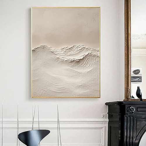 Originale weiß-beige Wandkunst, Berglandschaft, weiße 3D-Textur, minimalistische Gipsmalerei auf Leinwand, Wabi-Sabi-Wandkunst Image