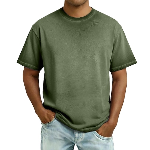 Herren Hemd aus 100 % Baumwolle in Säurewaschung T-Shirt Kurzarm Rundhalsausschnitt Sommer Frühling Ganzjahres Einfarbig Mode Designer Retro Vintage Vintage-Stil Lässig Täglich Outdoor Armee-Grün Image