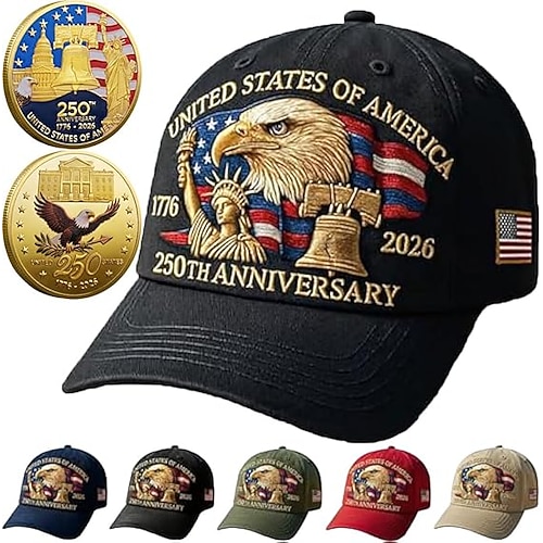 Vereinigte Staaten 250. Jubiläum Hut mit 2 Stück Gedenkmünzen Adler Freiheit 250 Jahre Amerikanisches Jubiläum Digital Bedruckte Kappe 4. Juli patriotisches Geschenk Semiquincentennial Image