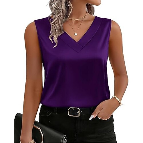 Damen Elegant Satin-Top T Shirt Seiden-Oberteile Patchwork Einfarbig Elegant Vintage Mode Ärmellos V Ausschnitt Normale Oberteile Täglich Ausgehen Wochenende Blau Silber Weiß Rote Purpur Sommer Image