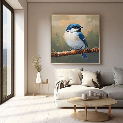 Handgemaltes, originelles Ölgemälde eines Vogels in leuchtendem Blau und Weiß – abstrakte Kunst, Miniatur-Wandbild, modernes Geschenk für Zuhause. Image