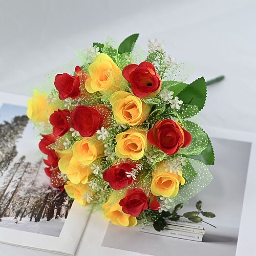 1 Strauß realistischer künstlicher Rosen – farbechte Kunststoffblumen mit elegantem Blattdesign, geeignet für Valentinstag, Ostern, Jahrestage, Grabsteine und als Dekoration – pflegeleichtes Image