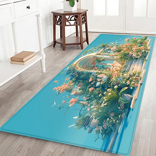 Flurläufer mit Pflanzen- und Blumenmuster, Flanellstoff, bedruckt, rutschfest, weich, für Eingangsbereich, Badezimmer Image