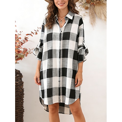 Damen Hemd Bluse Kunstbaumwollleinen Knöpfe Karomuster Lässig Langarm Hemdkragen Lange Oberteile Ferien Ausgehen Blau Schwarz Orange Sommer Frühling Image