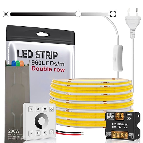 24-V-Doppelreihen-COB-LED-Streifen, 2,5 m (8,2 ft) / 5 m (16,4 ft), warmweißes, natürliches Licht, CRI 95, 960 LEDs/m, 190 W Hochleistungs-LED-Bandlampe mit optionalem Controller und Netzteil für den Image