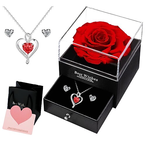 Geschenkidee mit konservierten Blumen für Mama von Sohn oder Tochter, inklusive Halskette mit 4 Rosen und Herz. Ideales Geschenk zum Geburtstag, Muttertag, Valentinstag, Weihnachten, für Oma, für Image