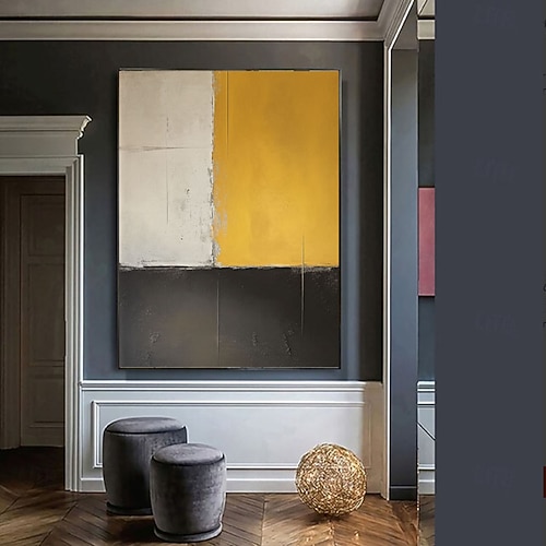 Großes abstraktes Ölgemälde, handgemalt in warmen Acrylfarben auf Leinwand, originelles gelbes und schwarzes Leinwandbild, moderne minimalistische Wandkunst für Wohnzimmer und Zuhause Image