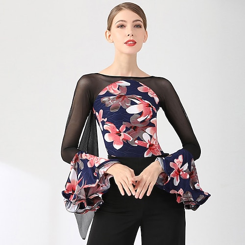 Damen-Ballett-Top mit Blumenmuster, transparentem Mesh-Einsatz, Glockenärmeln, Übungsbluse für Walzer, Tango und Lateinamerikanische Tänze, marineblau Image
