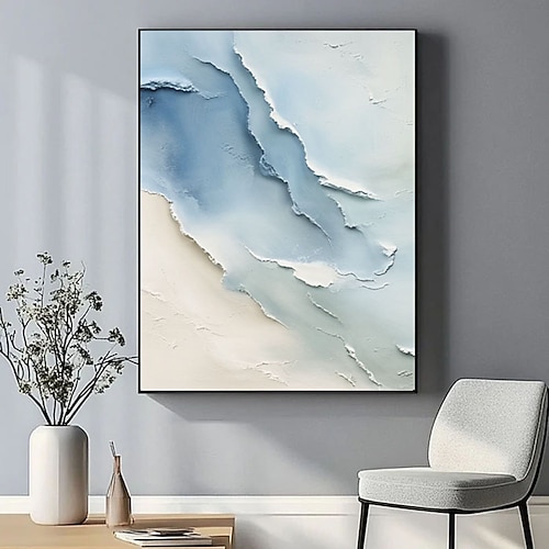 Großes, handgemaltes abstraktes 3D-Textur-Ozeanbild, Wellen, abstraktes Gemälde, blaue abstrakte Wandkunst, weiße Texturmalerei, Strandlandschaftsgemälde Image