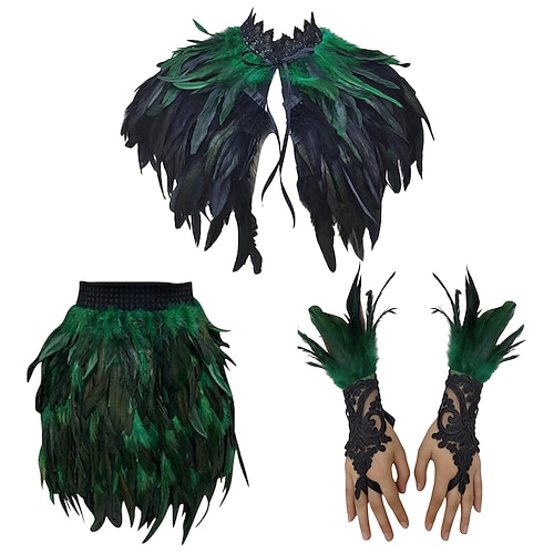 Karneval 2026 Rio Karneval Samba Zubehör 3Teile Damen Feder Kostüm Set Gothic Feder Umhang Minirock Lange Spitzen Handgelenk Manschetten Brasilien Festival Aufführung Kostüm Image