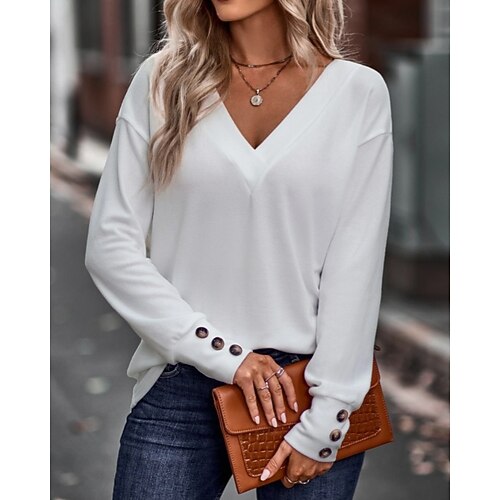 Damen T Shirt T-Shirt Knöpfe Einfarbig Mode Stilvoll Klassisch Langarm V Ausschnitt Normale Oberteile Täglich Ausgehen Wochenende Blau Schwarz Weiß Rosa Wein Frühling Herbst Image
