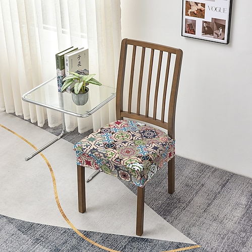 Esszimmerstuhl-Sitzbezug, Hocker-Sitzbezug, geometrisch bedruckter Polyester-Überzug, Stretch-Sitzschutz für Küche, Esszimmer, Zuhause Image