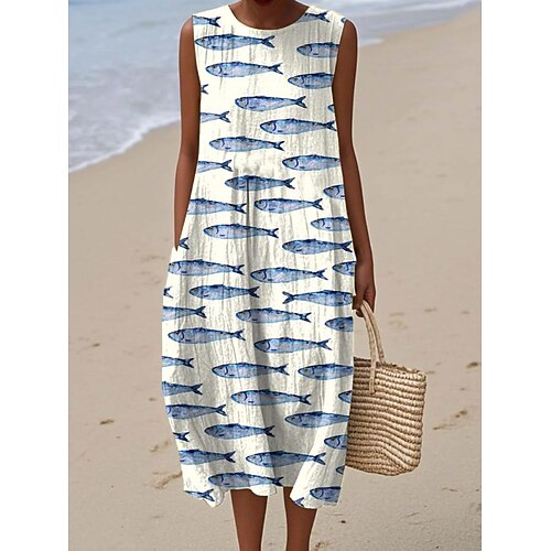 Damen Midi Kleid Leinenähnliches Maxikleid Shift Kleid A-Linie Kleid Urlaub Casual Boho Strand Ausgehen Lockerer Sitz Grafik Tierisch Ärmellos Rundhals Blau Schwarz Himmelblau Dunkelblau Sommer Image